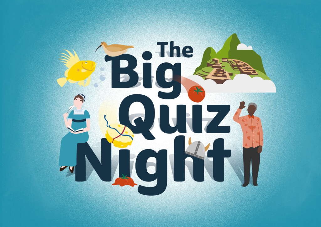 Banner for 'The Big Quiz Night' with large dark text and cartoon people around, on a blue background.