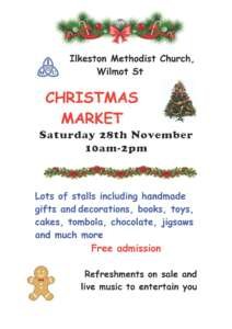 Poster for Ilkeston Methodist Church Christmas Market with festive garland and a Christmas tree; event details: Saturday 28th November, 10am–2pm; free admission.