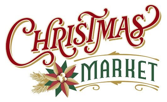 Logo: 'Christmas Market' with red and gold decorative typography and holly flower motif on the left.